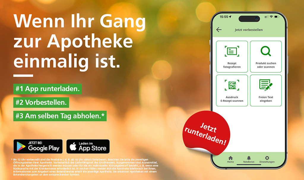 Hinweis auf die linda App, Smartphonn mit Vorschauansicht der App, Hinweis zum Download aus dem App-Store und Google Play