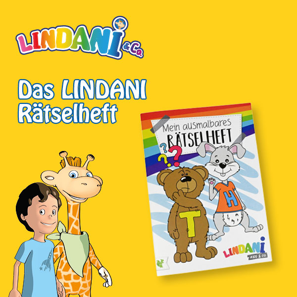 Der LINDANI-Coupon mit dem Schriftzug LINDANI & Co. und dem Titel Das LINDANI Rätselheft. Links stehen ein kleiner Junge und die LINDANI-Giraffe. Rechts ist das bunt gestaltete Cover eines ausmalbaren Rätselhefts mit einem Bären und einem Hasen abgebildet.