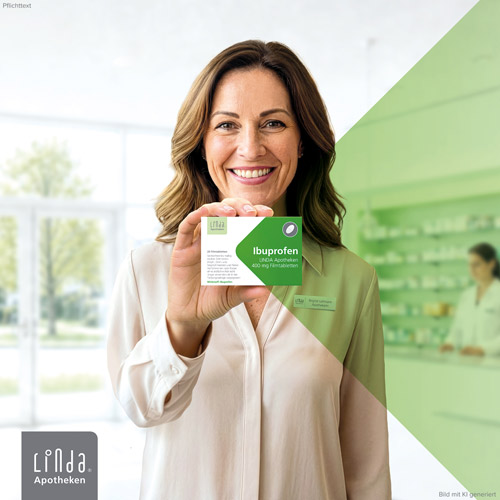 Eine Frau hält lächelnd eine Packung Ibuprofen LINDA Apotheken 400mg in die Kamera. Bild mit KI generiert.