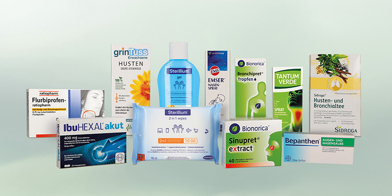 LINDA Aktionsprodukte Verschiedene Packshots von Medikamenten zur Verwendung in der Erkältungszeit.