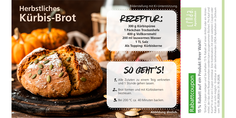 LINDA Rabatt-Postkarte Herbstliches Kürbisbrot mit Kürbiskernen und Rezeptangaben und einem Rabattcoupon.