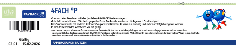 Ein PAYBACK-Apothekencoupon mit Barcode der “4fach Punkte” bietet, gültig vom 02.01. bis 15.02.2026. Rechts stehen zwei blaue PAYBACK-Maskottchen.