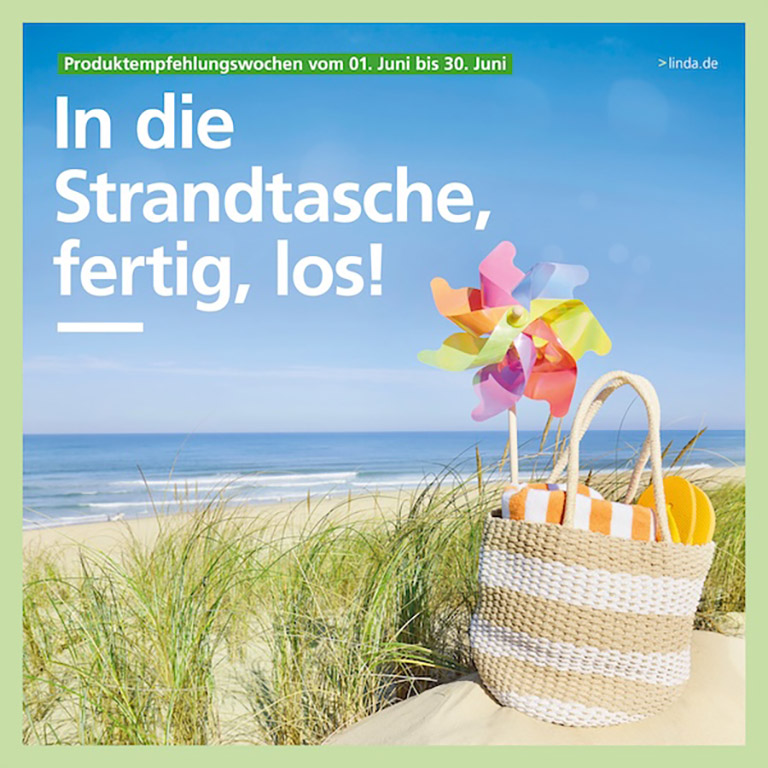Motiv der aktuellen Produktempfehlungswochen von LINDA Apotheken mit der Beschriftung „Produktempfehlungswochen“, der Laufzeit sowie dem aktuelle Slogan. 
