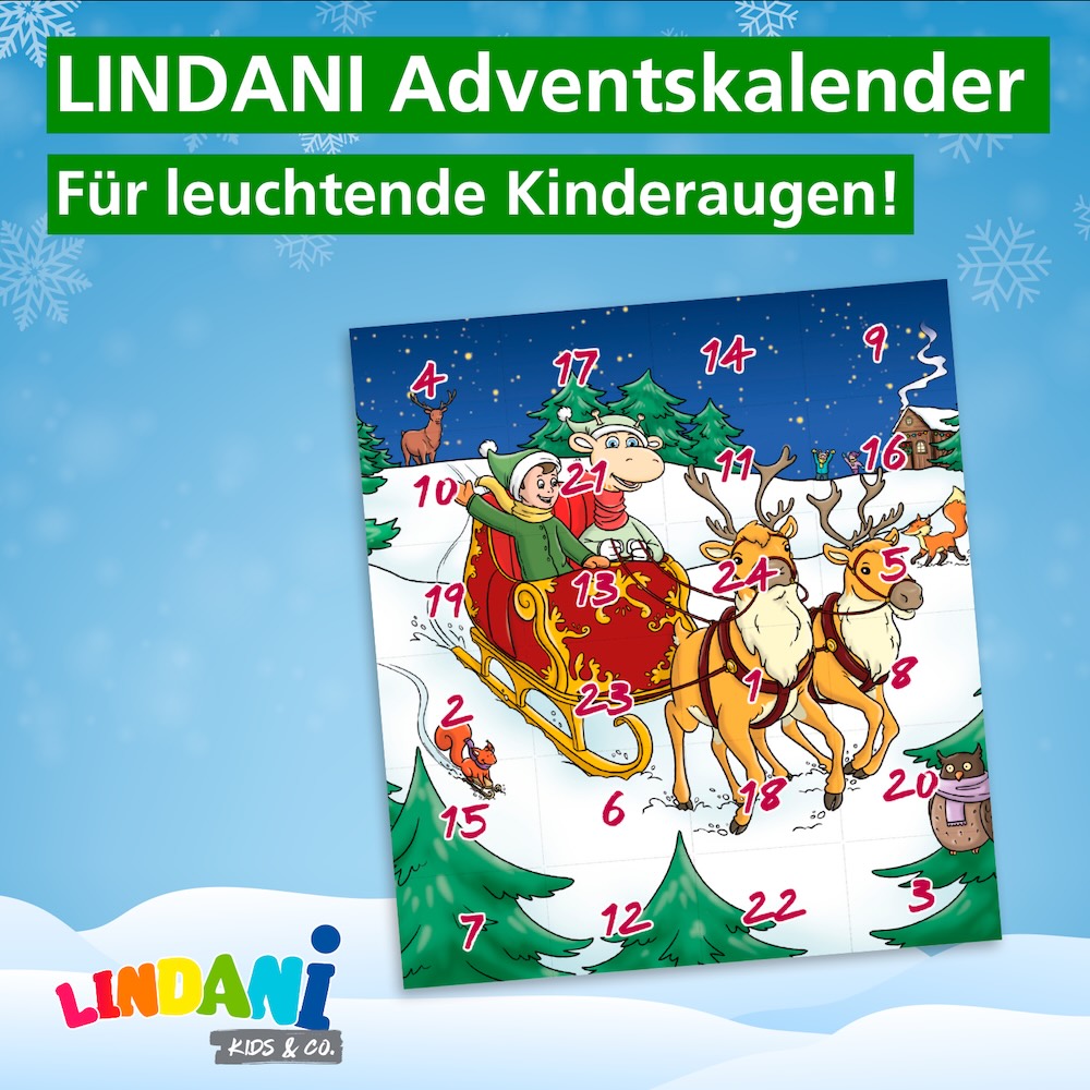 Weihnachtlicher Adventskalender mit einem Kind und der LINDANI-Giraffe in einem von Rentieren gezogenen Schlitten in winterlicher Landschaft. Darüber steht „LINDANI Adventskalender- für leuchtende Kinderaugen!”