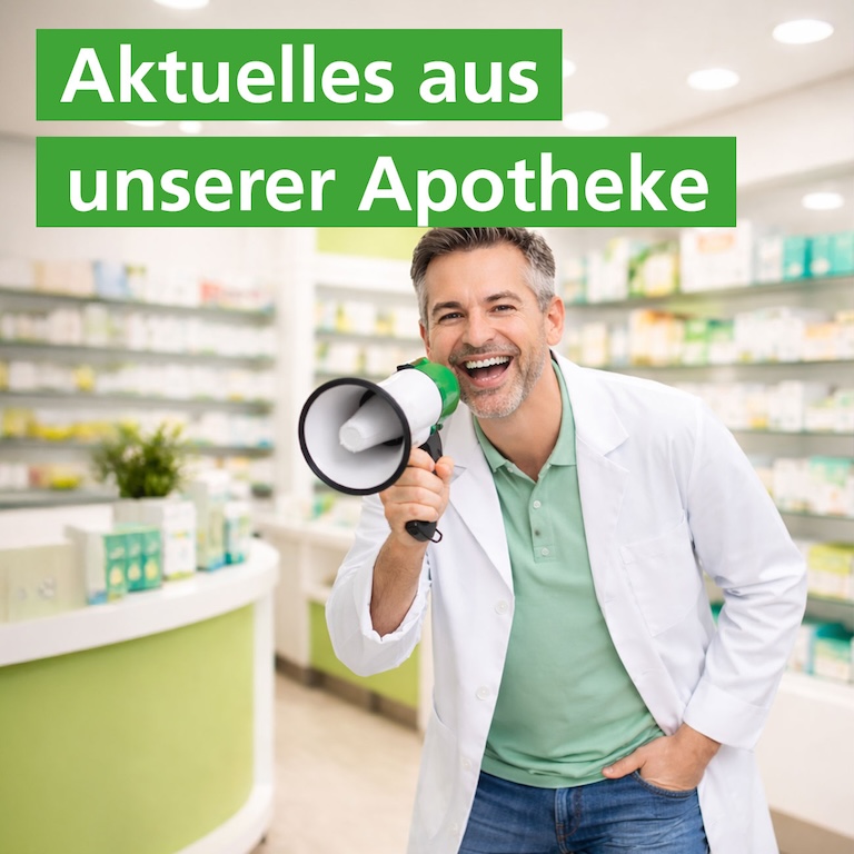 Apotheker in heller Apotheke hält Megafon und lächelt; Text: „Aktuelles aus unserer Apotheke.