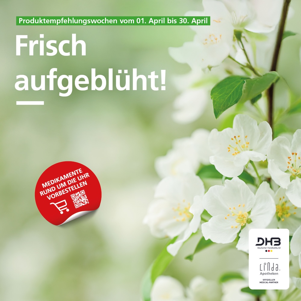 Nahaufnahme von weißen Blüten und grünen Blättern vor unscharfem Hintergrund. Text: „Produktempfehlungswochen vom 01. April bis 30. April“ und „Frisch aufgeblüht!“. Roter Hinweis: „Medikamente rund um die Uhr vorbestellen“ mit QR-Code. Logo „DHB“ und „LINDA Apotheken“ unten rechts.