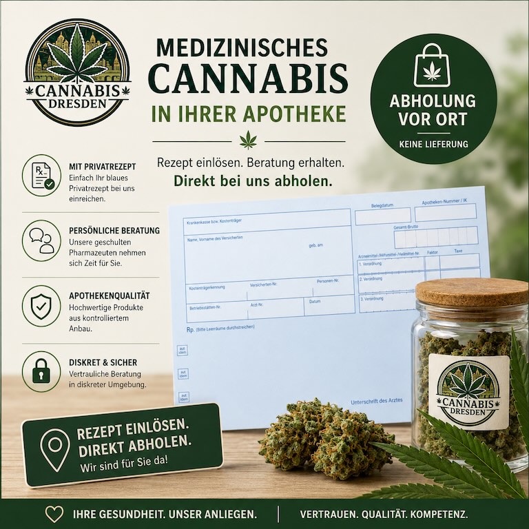 Werbegrafik der „Cannabis Dresden“-Apotheke für medizinisches Cannabis. Zu sehen sind ein Rezeptformular, Cannabisblüten in einem Glasbehälter sowie Hinweise zu Beratung, Apothekenqualität und diskreter Abholung vor Ort. Die Grafik bewirbt das Einlösen von Privatrezepten und persönliche pharmazeutische Beratung in der Apotheke.