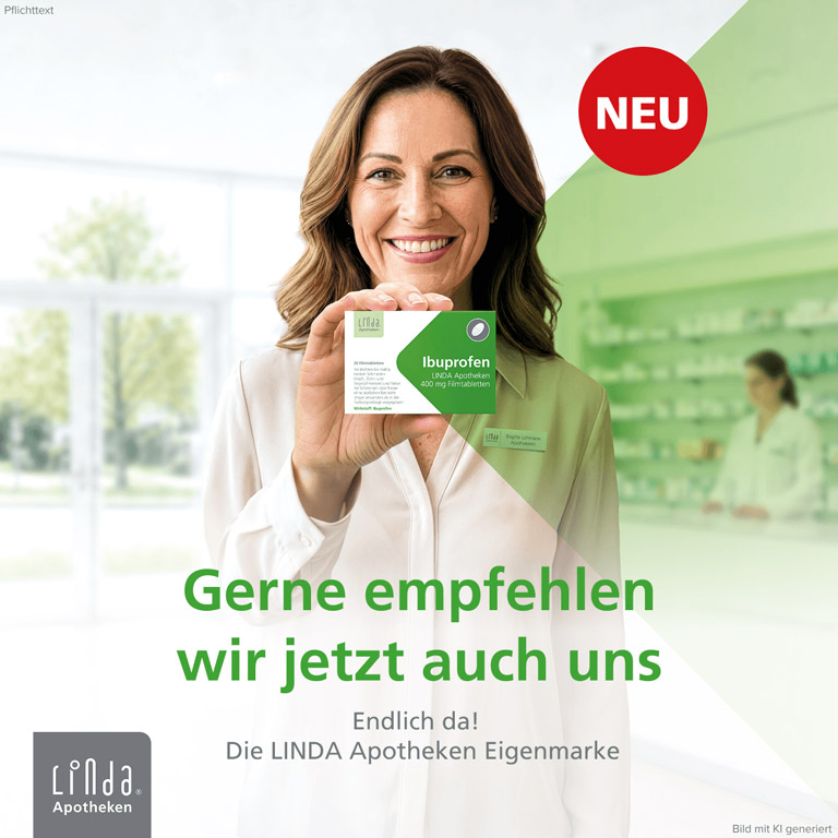 Eine Frau hält lächelnd eine Packung Ibuprofen LINDA Apotheken 400mg in die Kamera. Darunter steht „Gerne empfehlen wir jetzt auch uns. Endlich da! Die LINDA Apotheken Eigenmarke“. Bild mit KI generiert.