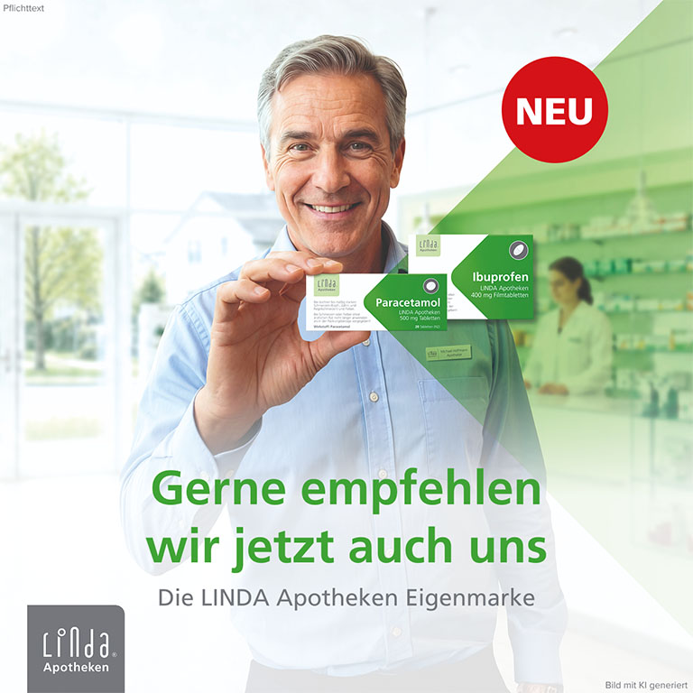 Eine Frau hält lächelnd eine Packung Ibuprofen LINDA Apotheken 400mg in die Kamera. Darunter steht „Gerne empfehlen wir jetzt auch uns. Endlich da! Die LINDA Apotheken Eigenmarke“. Bild mit KI generiert.