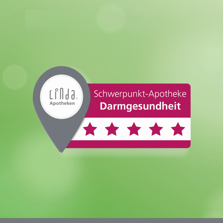 Logo “Schwerpunkt-Apotheke Darmgesundheit” vor grünem Hintergrund