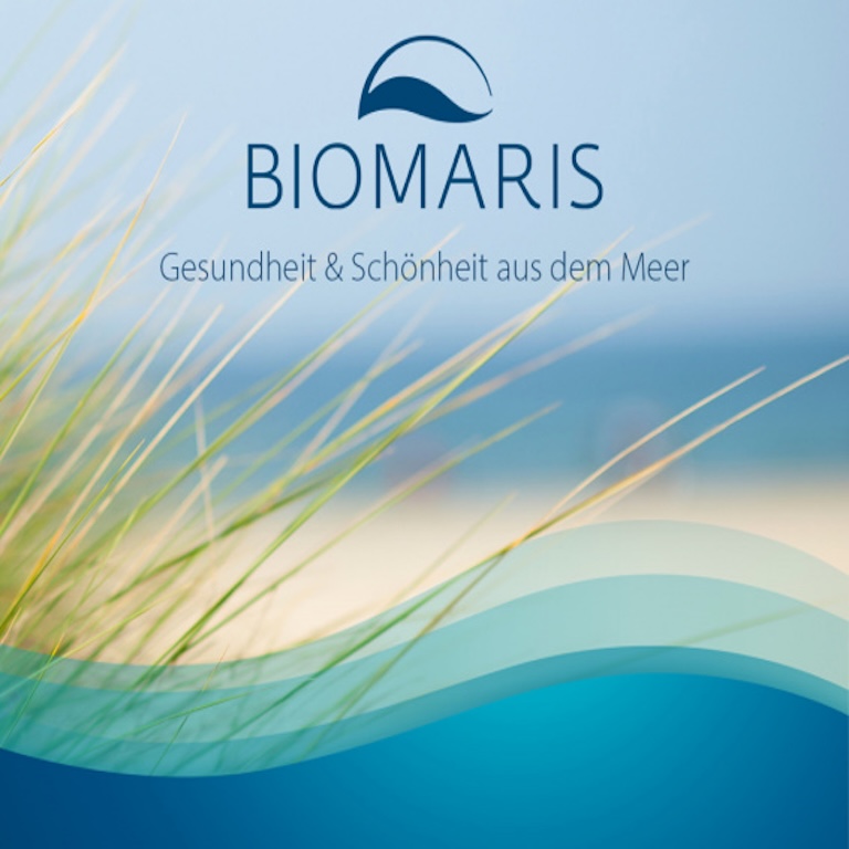 BIOMARIS Logo auf blaeulichem Hintergrund, Slogan darunter 